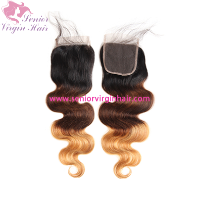 Brazilian Hair Ombre Color Three-tones 1B/4/27 Color Swiss Lace 4*4 Lace Closure Body Wave Silky Straight