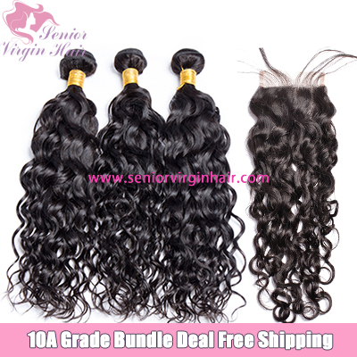 Free Shipping Brazilian Human Hair Water Wave Bundle Deal Sew In Weave 3 Bundles With Closure Frontal