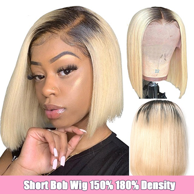 1B 613 Ombre Blonde Brazilian Straight Bob Wigs Human Hair Short Lace Front Wig