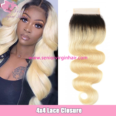 Brazilian Hair Ombre Blonde 1B/613 Color 4*4 Lace Closure Body Wave Silky Straight Swiss Lace Closure