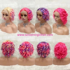 Rainbow Colorful Short Bob Curt Wigs Loose Curls Lace Front Wigs Omber Colored Human Hair Wigs For Women