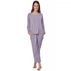 RAIKOU Pyjama en jersey pour femme Pyjama de loisir Loungewear à manches longues avec fermeture à boutons