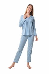 DESEN Pyjama de luxe pour femme 100% coton, haut de pyjama, pantalon de pyjama, haut du col V avec paillettes strass et pendentifs