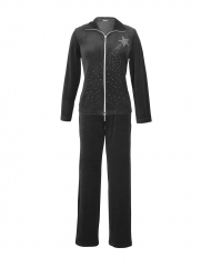 DESEN women's velor velor leisure suit, fitness suit, house suit, jogging suit, velor suit with zipper and rhinestones