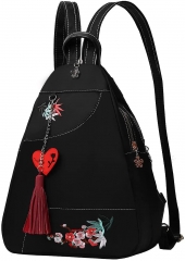 Handtasche Schultertasche Umhängtasche klein für Mädchen Damen Teenager schwarz mit Fächern und Libelle-Muster zum Alltag Reise Schule (Schwarz+Herz)