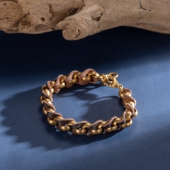 WOVEN Trendy bracelet in rose gold matte stainless steel interwoven with brown leather, adjustable from 20 - 22 cm