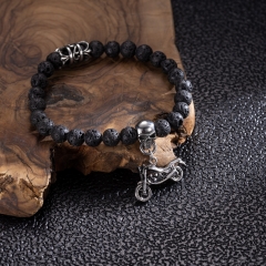 MOTORCYCLE SKULL skull bracelet with black agate and stainless steel, motorcycle charm pendant, adjustable