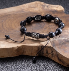 Bracelet tête de mort SKULLS avec agate noire et acier inoxydable, réglable