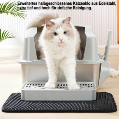 RAIKOU Semi-Closed Stainless Steel Cat Litter Box Large, Hygienic Leak-Proof 60 × 40 × 30 cm Pet with Plastic Scoop