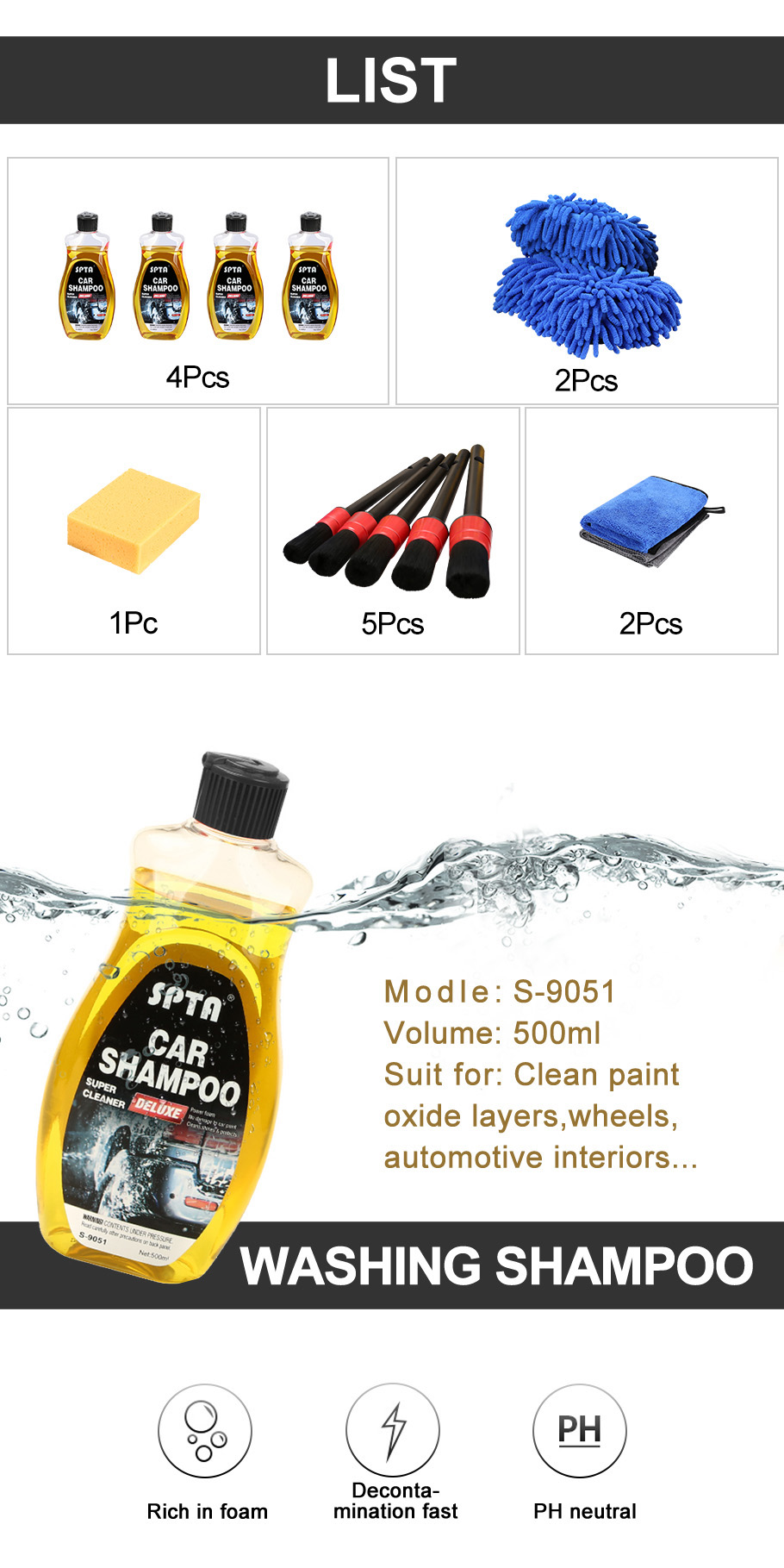 SPTA 4Pcs 500ml Car Wash Soap and Shampoo 5 Car Detail Brush 1 Car Wash