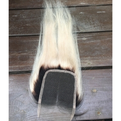 1b/60 Blonde Hair Closure Ombre Blonde Straight Lace Front Closure With Dark Root