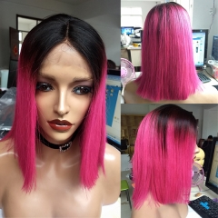 Straight Pink Bob Wig Human Hair Ombre Pink Lace Front Wig With Baby Hair 10-18 Inch