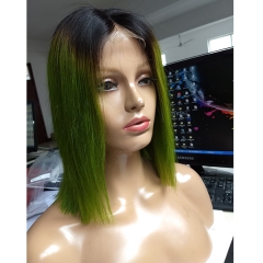 Ombre Bob Wig Straight Virgin Hair 1b/Green Bob Lace Front Wig Pre Plucked Hairline