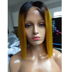 Straight Cut Bob Wig Virgin Human Hair 1b/Green Bob Lace Front Wig Pre Plucked Hairline Ombre Lace Wig 10-18 Inch