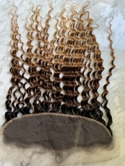 Transparent Lace Lace  Ombre Hair Frontal With Baby Hair Virgin Hair Deep Culry 1b/4/27 Lace Frontal Closure Pre Plucked
