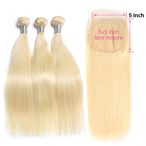 Blonde Hair With Closure Straight Hair Bundles 613 Hair With Lace Closure 4PCS Lot  3pcs Hair Bundles With 5x5 Lace Closure