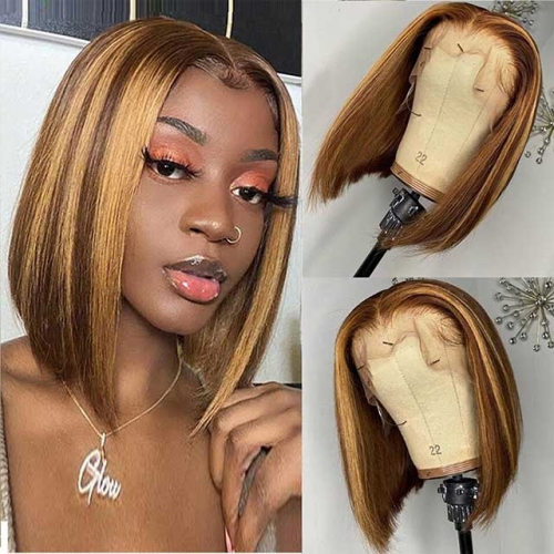 Highlight Lace Front Wig Blunt Cut Bob Wig Peruvian Hair Bob Wig Pre Plucked Highlight Wigs