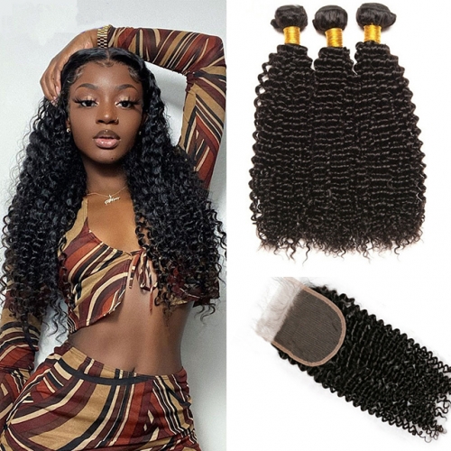 3PCS Kinky Curly Hair Bundles With Closure Human Hair Closure With Hair Weft Extensions 4PCS Lot