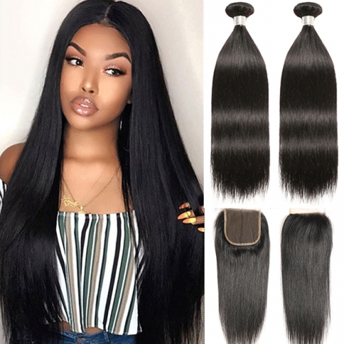 2pcs Straight Hair Bunles With Clousre Pre Plucked Straight Human Hair With Lace Closure 6x6 3pcs Lot