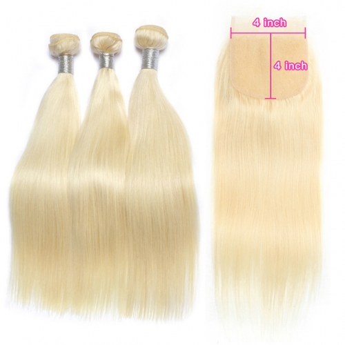 Blonde Hair With Closure Brazilian Human Hair 613 Hair With Closure 4PCS Lot  Human Hair 3pcs Hair Bundles With 1pc 4x4 Lace Closure