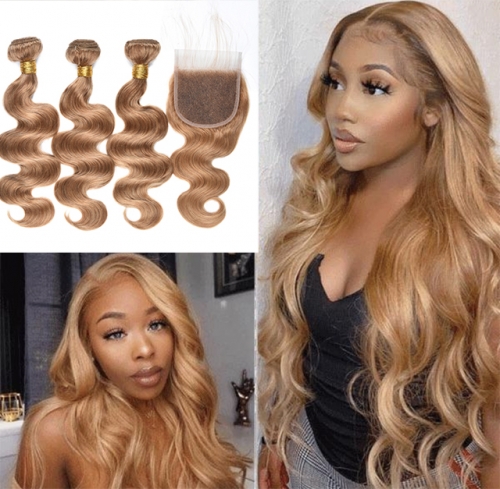 4 Pcs/Lot Honey Blonde Hair Bundles With Lace Closure Remy Human Hair Blundle With Closure Body Wave #27 Human Hair Extension