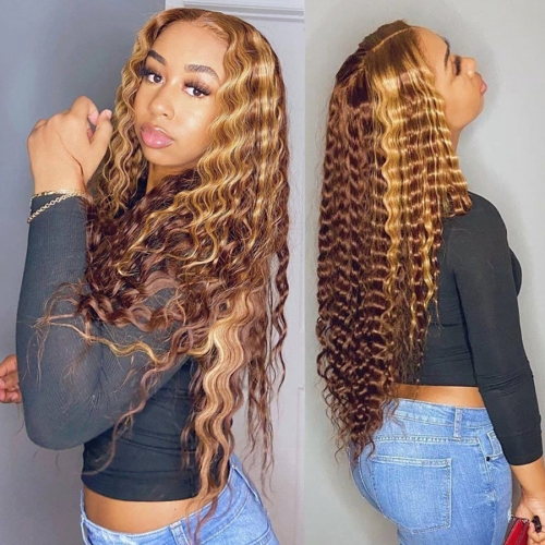Highlight Wig Deep Wave Frontal Wig 4/27 Honey Blonde Lace Front Human Hair Wigs For Women Transparent Lace Wigs Curly Lace Front Human Hair Wigs