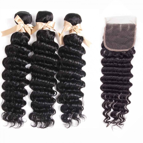 Deep Wave Hair Bundles With HD Lace Closure Brazilian Hair With Lace Closure Deep Wave Human Hair HD Lace Closure With Hair Bundles 4pcs/Lot