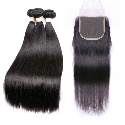 Straight Hair Bundle With HD Closure Straight Human Hair Bundles With Lace Closure Pre Plucked Lace Closure Human Hair  4pcs / Lot
