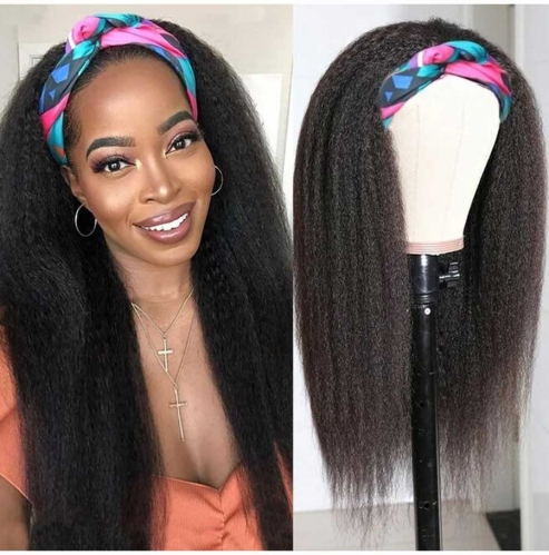 Glueless Kinky Straight Headband Wig Human Hair Kinky Straight 12-30 Inch Brazilian Hair Scarf None Lace Wig Headband Wigs For Black Women