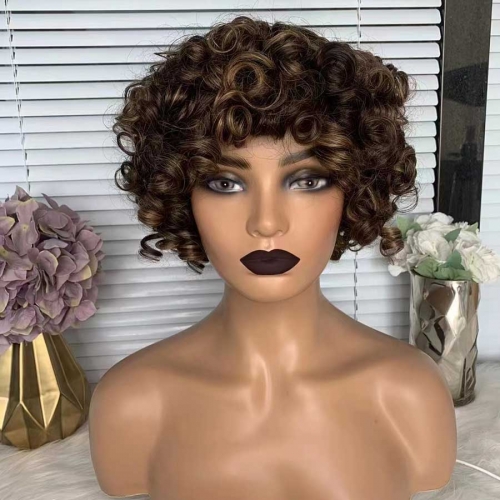 14Inch Highlight Short Wigs Curly Human Hair Wigs None Lace Cheap Pixie Cut Wig Machine Made None Lace Wigs For Women