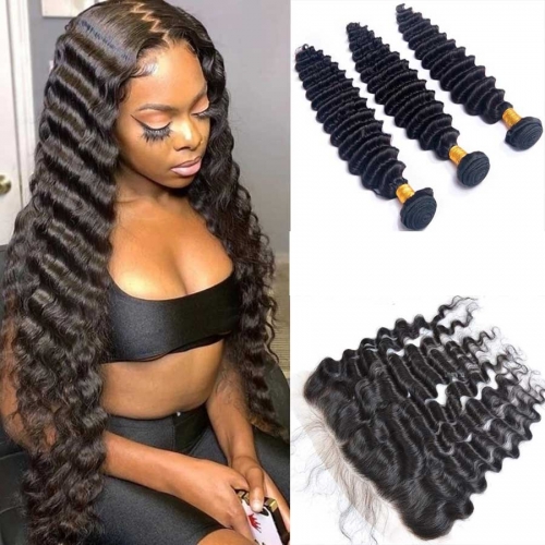 Deep Wave  Hair Bundles With Lace Frontal Human Hair Bundles With 13x4 Lace Frontal Deep Wave Hair With 6x6 Lace Closure 4pcs / Lot