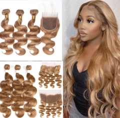 4 Pcs/Lot Honey Blonde Hair Bundles With Lace Closure 5x5 Virgin Human Hair Bundles With Lace Frontal 13x4  Body Wave #27 Human Hair Extension