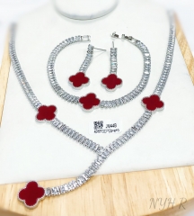 Red Lucky Four-Leaf Clover Gold/Silver Jewelry Set