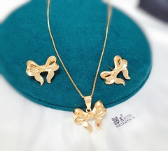 Earrings Necklace Set Gold Polished Bow