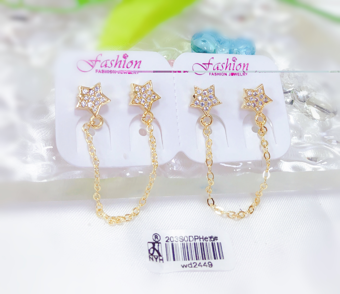 Gold Star Gemstone Earrings with Chain