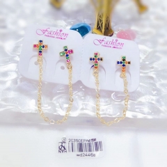 Gold earrings with colored zircon cross and chain