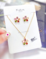 Flower Colored Zirconia Gold Earrings Necklace