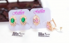 Green/Pink Zirconia Gorgeous Gold-Tone Earrings