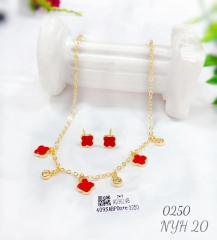 Red four Leaf Clover and Gemstone Pendant Gold Earrings and Necklace Set