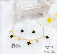 Black four Leaf Clover and Gemstone Pendant Gold Earrings and Necklace Set