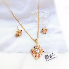 Square style colorful zircon shiny necklace earring