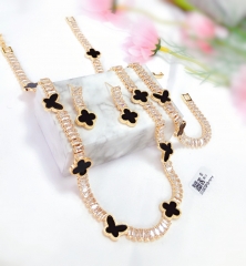 Black Lucky Four-Leaf And butterfly Clover Gold Jewelry Set