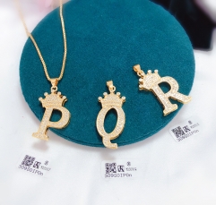 Letter P/Q/R With Crown Pendant Shiny Necklace