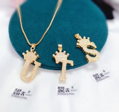 Letter U/T/S With Crown Pendant Shiny Necklace