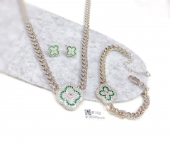 Four leaf clover model green zircon silver/gold jewelry set