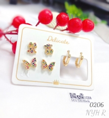 Three pairs of colorful zircon doll butterfly stud earrings