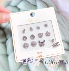 Animal crown flower small zircon silver-plated stud earrings