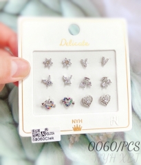 Flowers hearts butterflies cherries small silver-plated zircon earrings