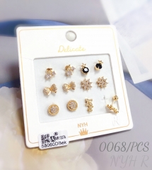 Six Champagne Gold Earrings with Bows and Cherry Blossoms