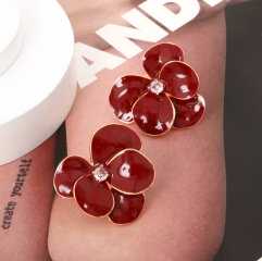 Stylish red flower brass earrings